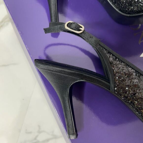 Enzo Angiolini Hitch X3 Black Sequin Shiny Satin Ankle Buckle Peep Toe Heels - Picture 5 of 16